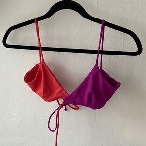 Two-tone orange and purple bikini top